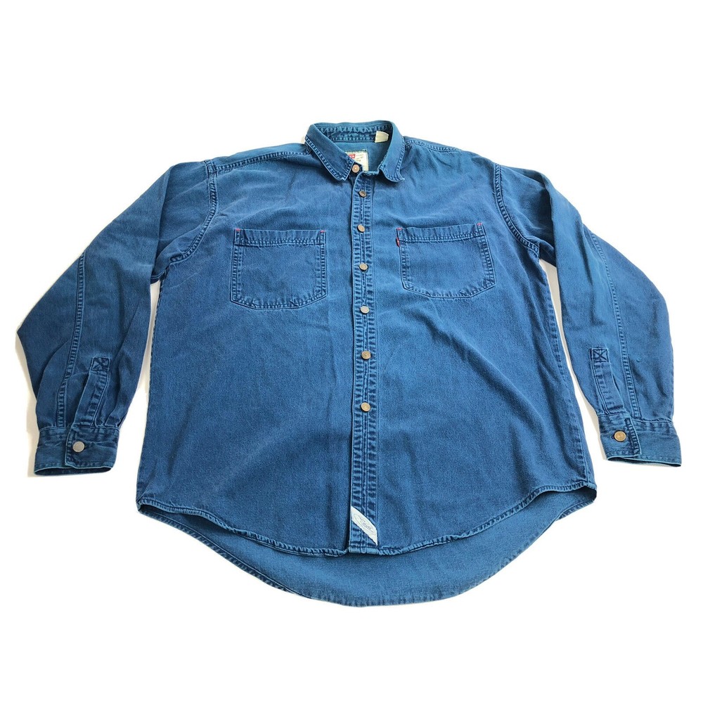 Levis VTG Mens Large Loose Fit Blue Denim Metal Button Long sleeve shirt 90’s